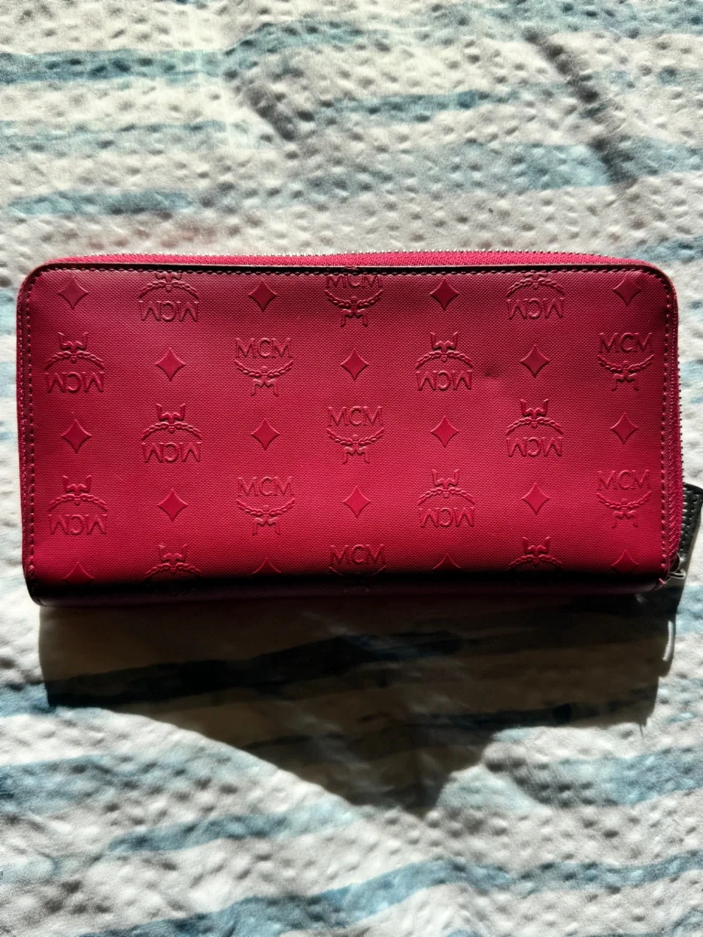 MCM Embossed Zip Wallet in Raspberry Red - Picture 1 of 7